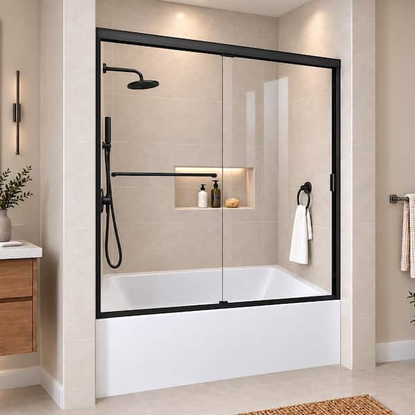 Wish 60 in. W x 56 in. H Sliding Bath Tub Door in Semi Frameless in Matte Black with Clear Glass