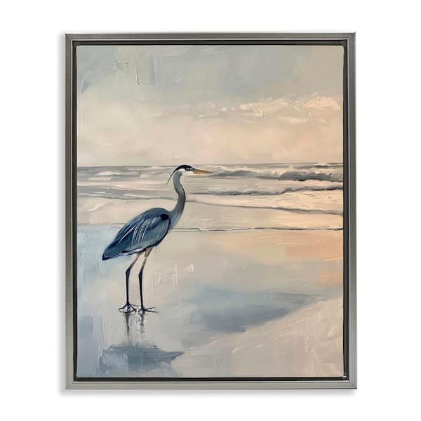Heron on Classic Coast by Petal Prints Design Gray Floater Frame Coastal Graphic Art Print 31 in. x 25 in.