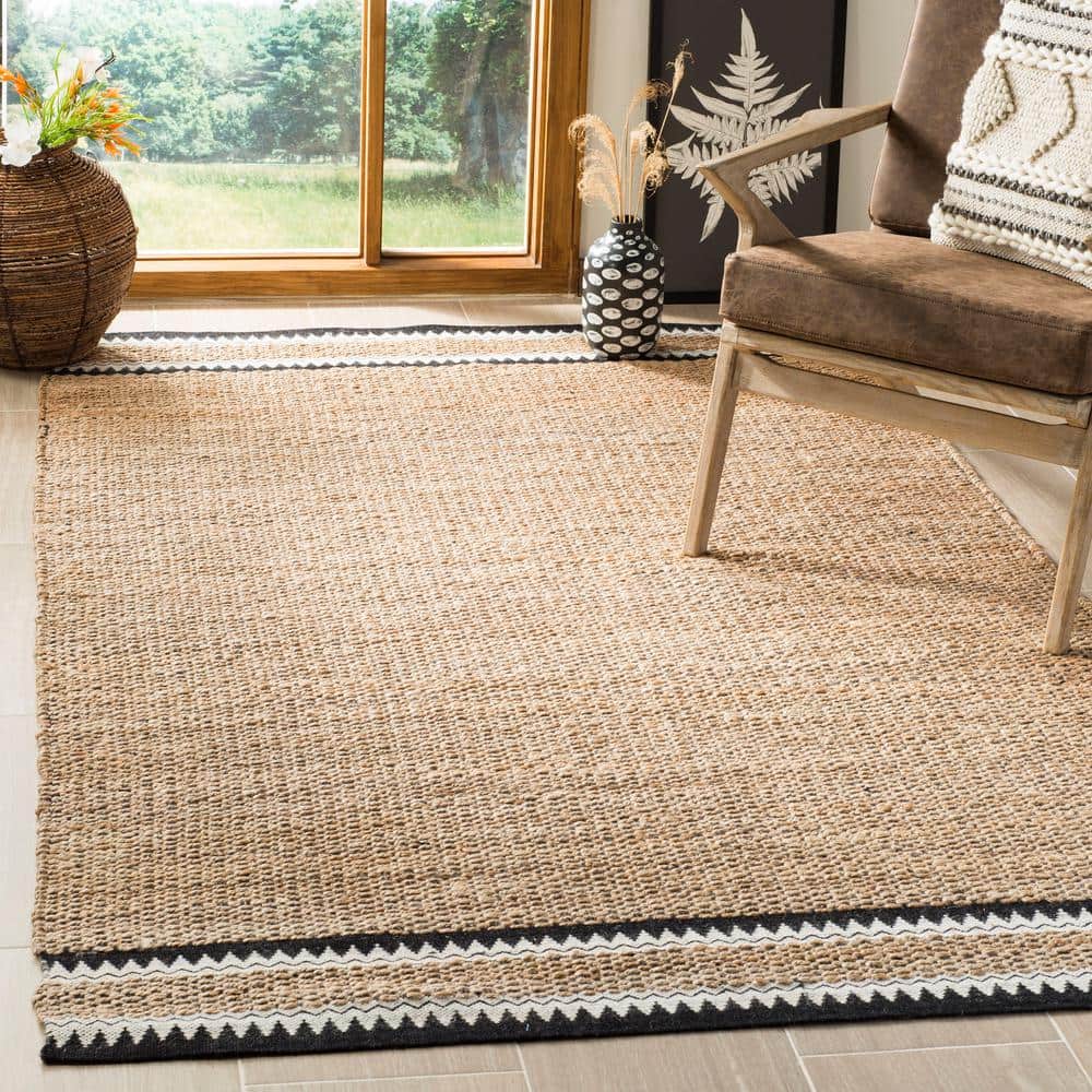 Natural Black Geometric Wool and Jute Square Rug