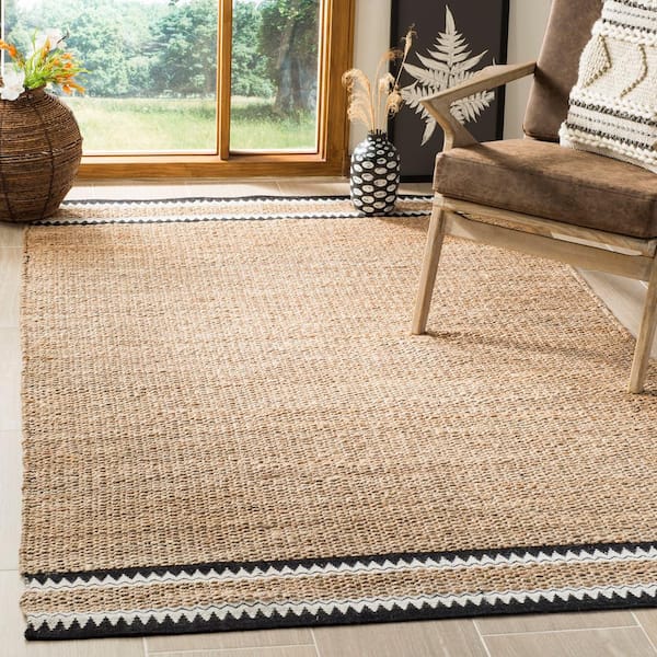 Natural Fiber Beige/Black 8 ft. x 8 ft. Woven Border Square Area Rug