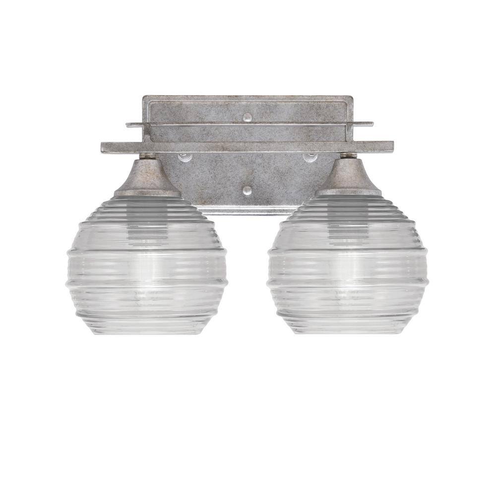 Ontario 13 in. 2-Light Vanity Light Aged Silver Clear Ribbed Glass Shade
