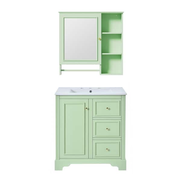 Boosicavelly Single Sink Freestanding Bath Vanity in Green with White ceramic Top and Mirror 30 in. W