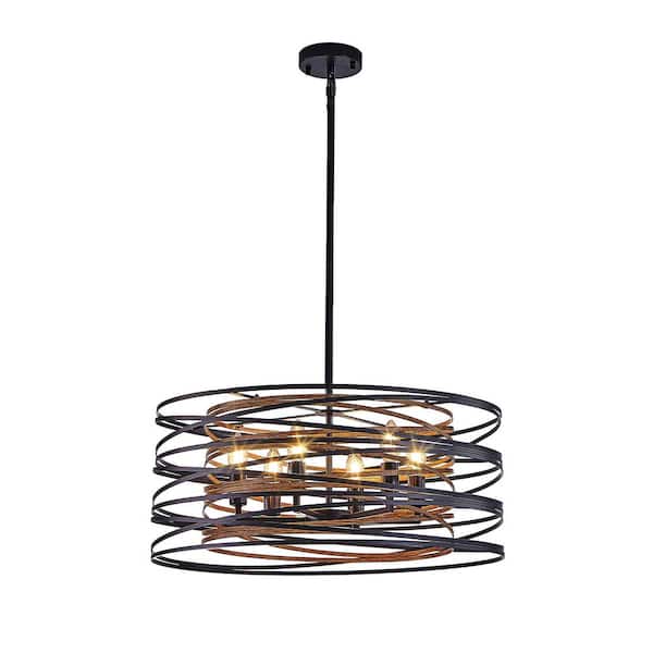 24 in. W 6-Light Pendant Light with Metal Cage for Kitchen Island Dining Room E12 No Bulbs Included (Walnut+Black)