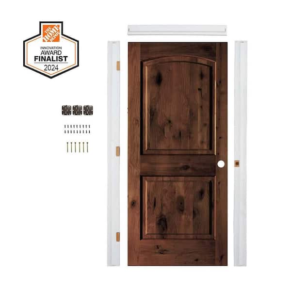 DIY 36 in. x 80 in. Alder Left-Hand Top Arch Red Mahogany Stain Wood Single Interior Door Kit w/ Quick Assemble Jamb