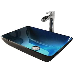 Glass Rectangular Vessel Bathroom Sink in Turquoise Blue with Niko Faucet and Pop-Up Drain in Chrome