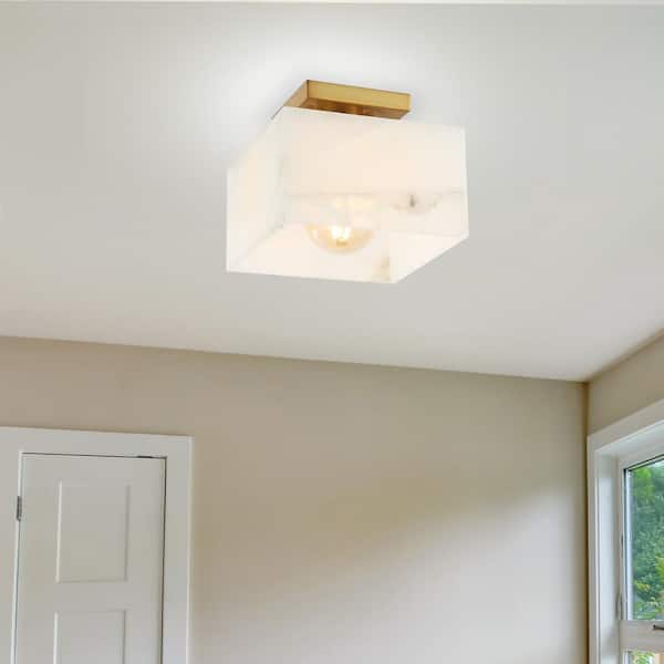 JONATHAN Y JYL1203A Chiara 20,32 Cm 1-Luz Moderna Contemporânea Alabastro/Ferro Quadrado LED Montagem Semi Embutida, Mármore Branco/Latão Dourado Para Corredor, Quarto, Banheiro E Armário