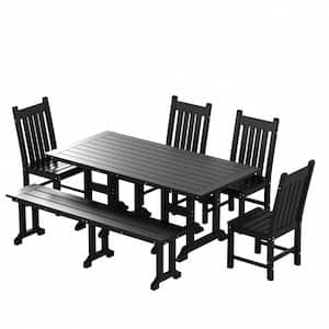 Hayes 6-Piece All Weather HDPE Plastic Rectangle Table Outdoor Patio Dining Set with Bench in Black