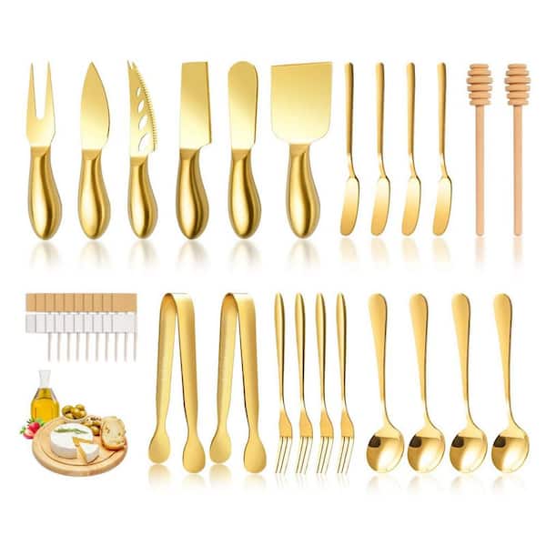 23-Piece Gold Stainless Steel Cheese Knives and Spreaders Set with Wooden Handles, Kitchen Accessories Set