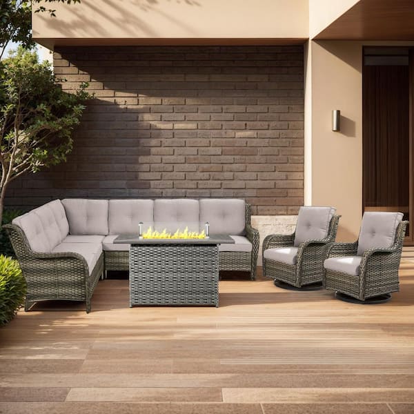 moosprr Arcline 5-Piece Gray Wicker Fire Pit Conversation Set with Olefin Beige Cushions L-Shaped Sofa with Patio Swivel Chairs
