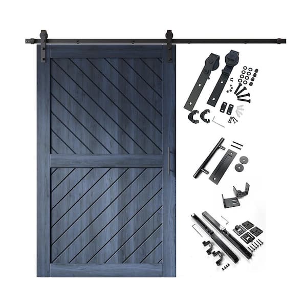 XT4 42 in. x 80 in. C-Panel Navy Slanted Stripe Design Solid Pine Wood Sliding Barn Door with Hardware Kit