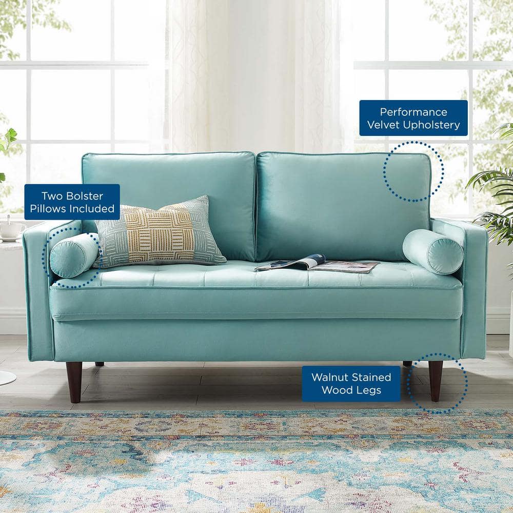 Mint Green Velvet Tufted Loveseat with Walnut Wood Legs