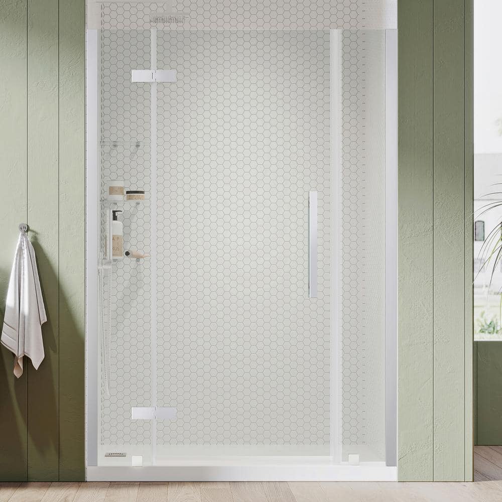 OVE Decors Tampa 52 1/16 in. W x 72 in. H Pivot Frameless Shower Door in Chrome With Shelves -  828796064132