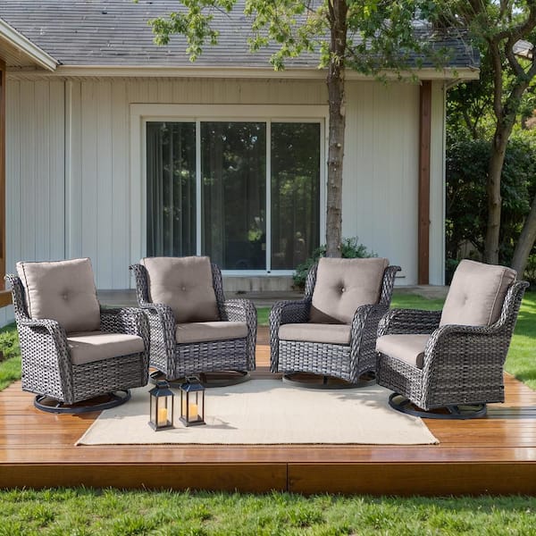 Arcline 4-Piece Gray Swivel Glider Wicker Outdoor Rocking Chair with Gray Cushions and rest