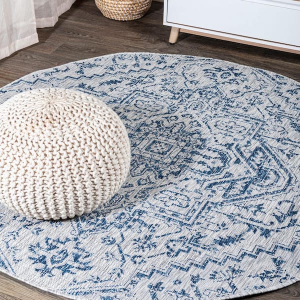 Estrella Bohemian Navy/Gray 5 ft. Medallion Textured Weave Indoor/Outdoor Round Area Rug