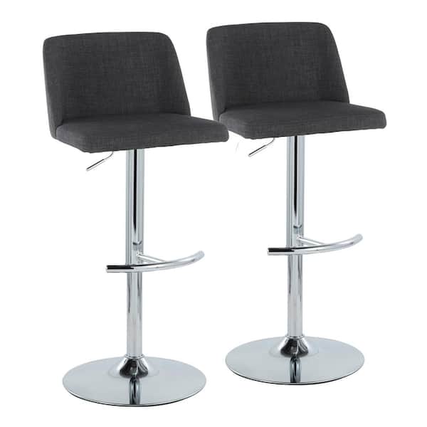 Lumisource Toriano 33 in. Charcoal Fabric and Chrome Metal Adjustable Bar Stool with Rounded T Footrest (Set of 2)