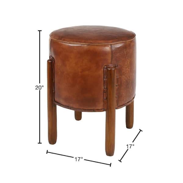Jones 20 in. Brown Handmade Teak Wood Upholstered Leather Stool with Wood Legs
