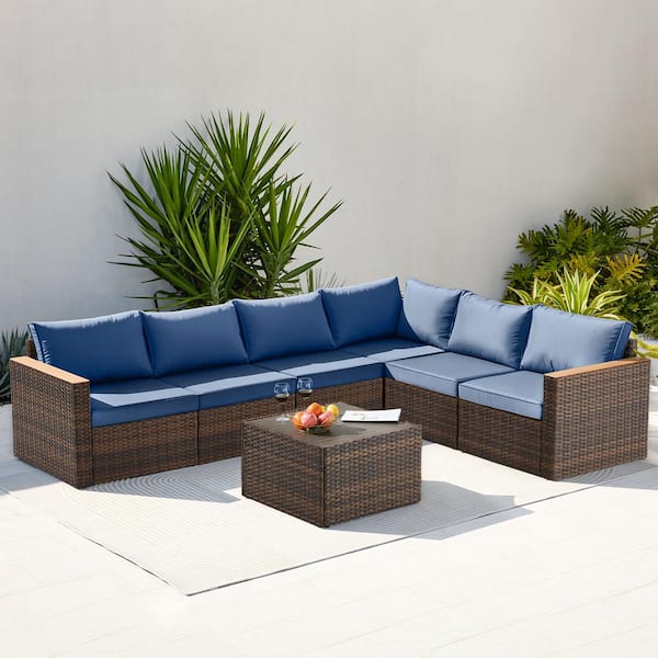 Sudzendf Brown 7-Piece Wicker Outdoor Patio Conversation Set with Blue Cushions and Coffee Table