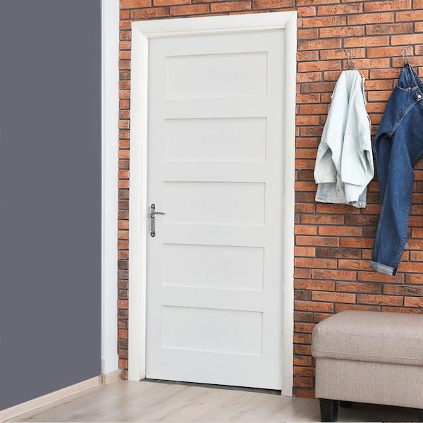 30in.x80in. Shaker 5-Panel Right-Hand Primed Solid Core MDF Wood Assembly Required Interior Door Kit w/QuickAssembleJamb