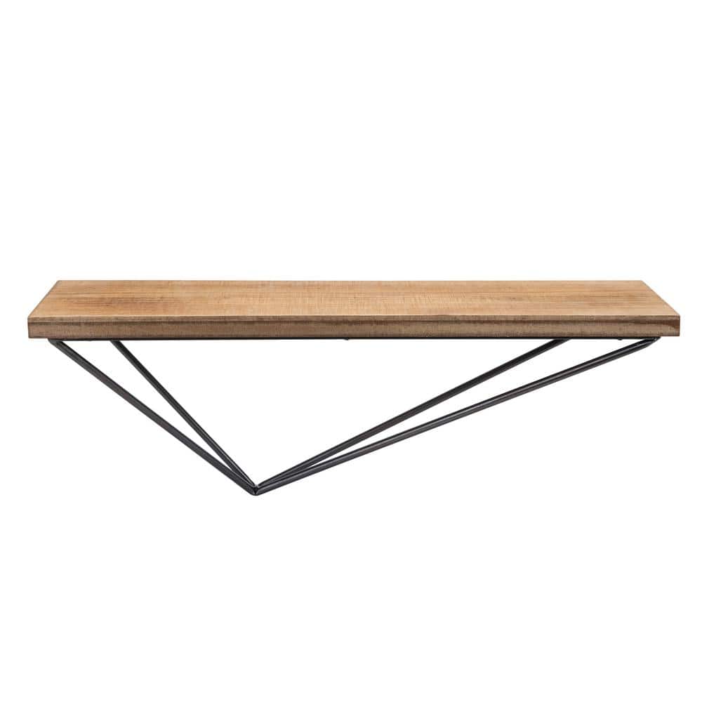 Asymmetrical Black Metal and Pine Wood 26'' Floating Wall Shelf