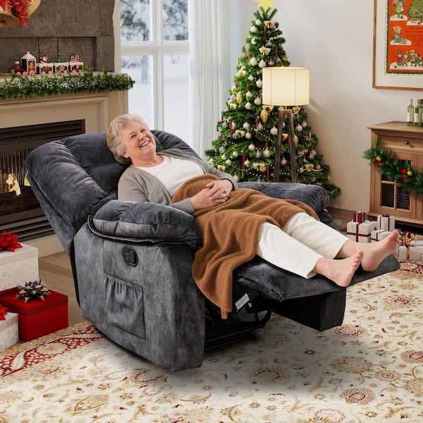 Blue-gray Overstuffed Fabric Recliner Chairs with 8-Point Vibration Massage Manual Pull Recliner with Time Setting