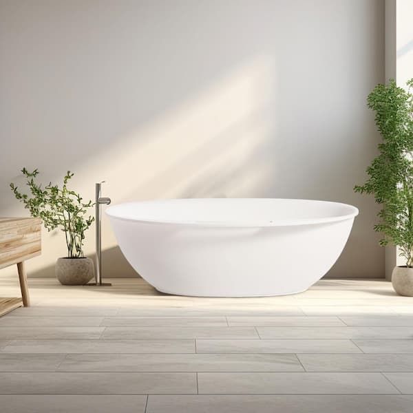 CASAINC 63 in. Stone Resin Composite Towel Solid Surface Flatbottom Non-Whirlpool Soaking Bathtub in White