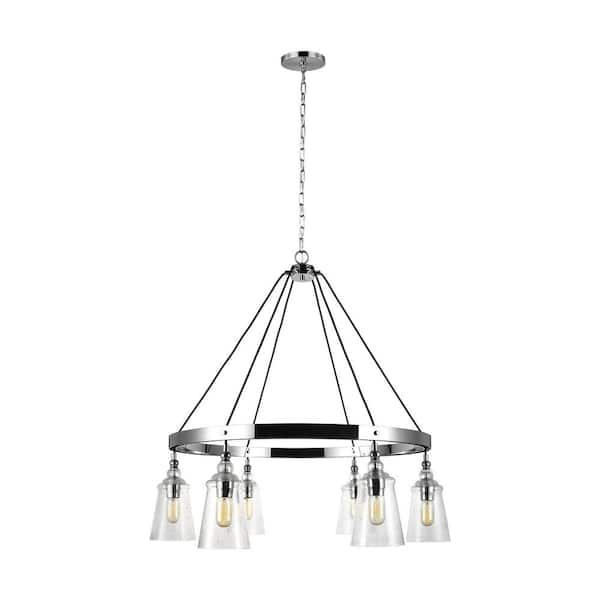 Generation Lighting Loras 6-Light Chrome Modern Transitional Wagon Wheel Hanging Chandelier With Clear Seeded Glass Shades
