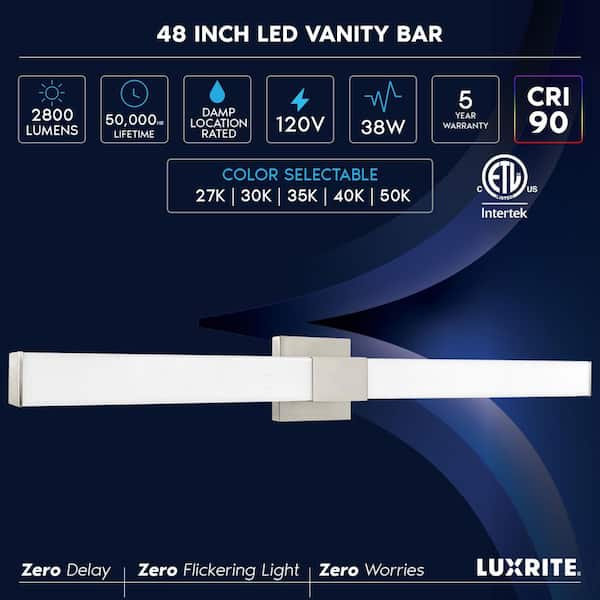 48 in. 1-Light Brushed Nickel Fixture 5 CCT 2700K-5000K Vanity 38-Watt 2800 Lumens Dimmable Damp Rated ETL Square