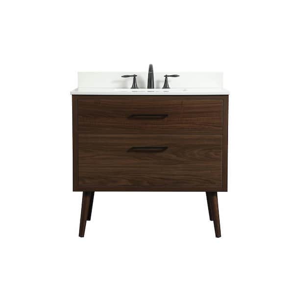 Unbranded Simply Living 36 in. W x 22 in. D x 33.5 in. H Bath Vanity in Walnut with Ivory White Engineered Marble Top