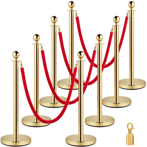 Crowd Control Stanchion, (Set of 8) Pieces Stanchion Set, Stanchion Set with 5 ft. /1.5 m Red Velvet Rope, Gold Barrier
