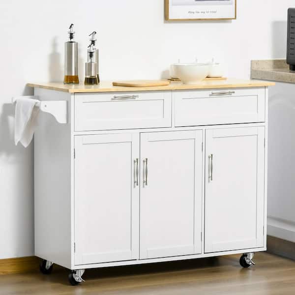 FAMYYT Rolling White Natural Wood Countertop 48 in. Kitchen Island with Adjustable Shelves and Drawers
