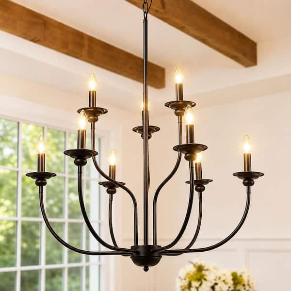 Large 9-Light Black Traditional Candlestick Chandelier Modern Pendant for Dining Room Living Room Kitchen Staircase
