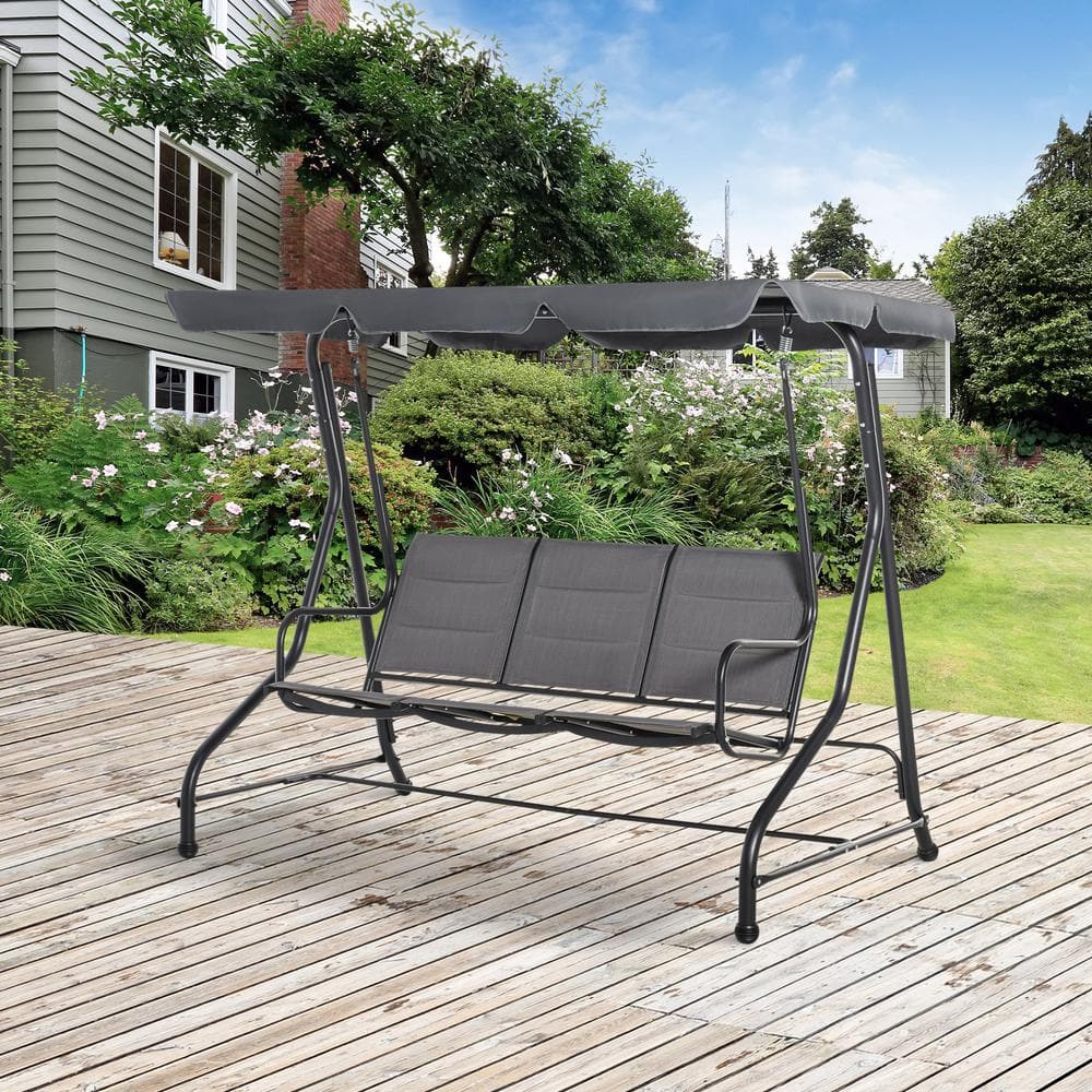 Gray Steel Trio-Seating Outdoor Swing Chair with Canopy