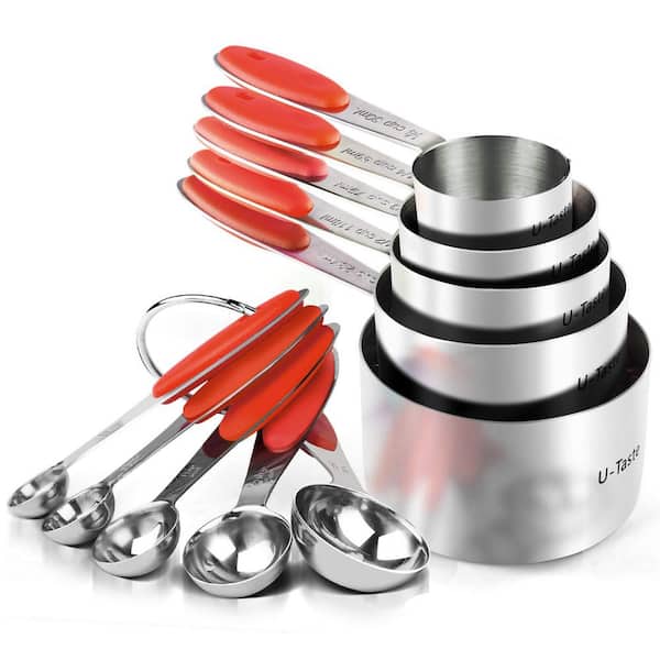 Adrinfly Upgraded 10-Piece Stainless Steel Red Measuring Cup Set with Dishwasher Safe