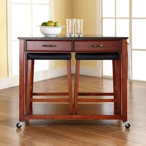Cherry Kitchen Cart with Black Granite Top and Stools