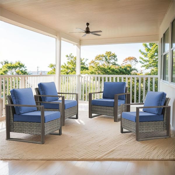 Gymojoy Allcot 4-Piece Gray Patio Wicker Conversation Set Outdoor Lounge Chair with CushionGuard Blue Cushions