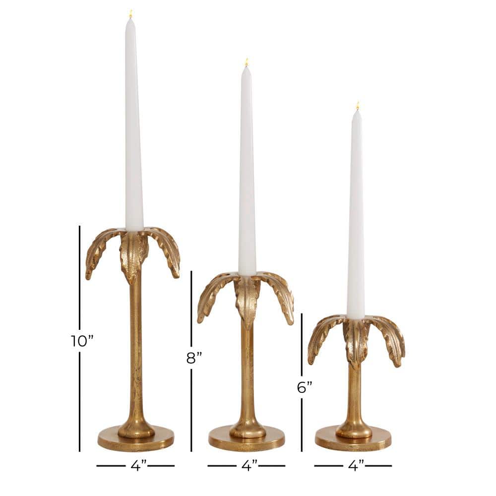 Gold Aluminum Palm Tree Taper Candle Holders Set of 3
