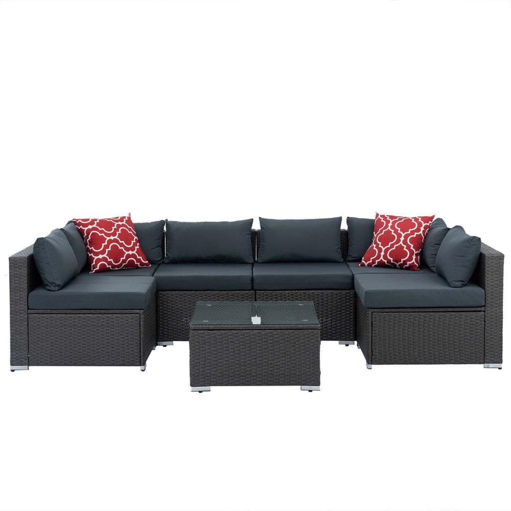 7 Piece Wicker Outdoor Sectional Sofa Furniture Set with Glass Coffee Table