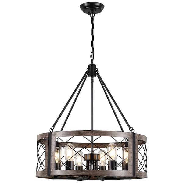 6-Light Brown Cage Linear Island Chandelier Lighting Fixture Hanging Foyer Pendant for Kitchen Island
