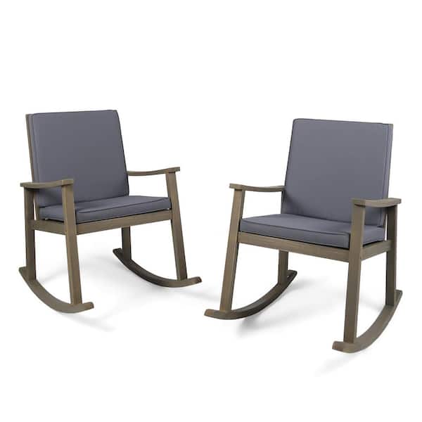 Noble House Candel Gray Wood Outdoor Rocking Chair with Dark Gray Cushions (2-Pack)