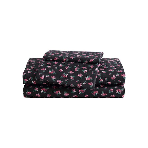 Bouquet Ditsy 4-Piece Black/Mauve Microfiber Queen Sheet Set