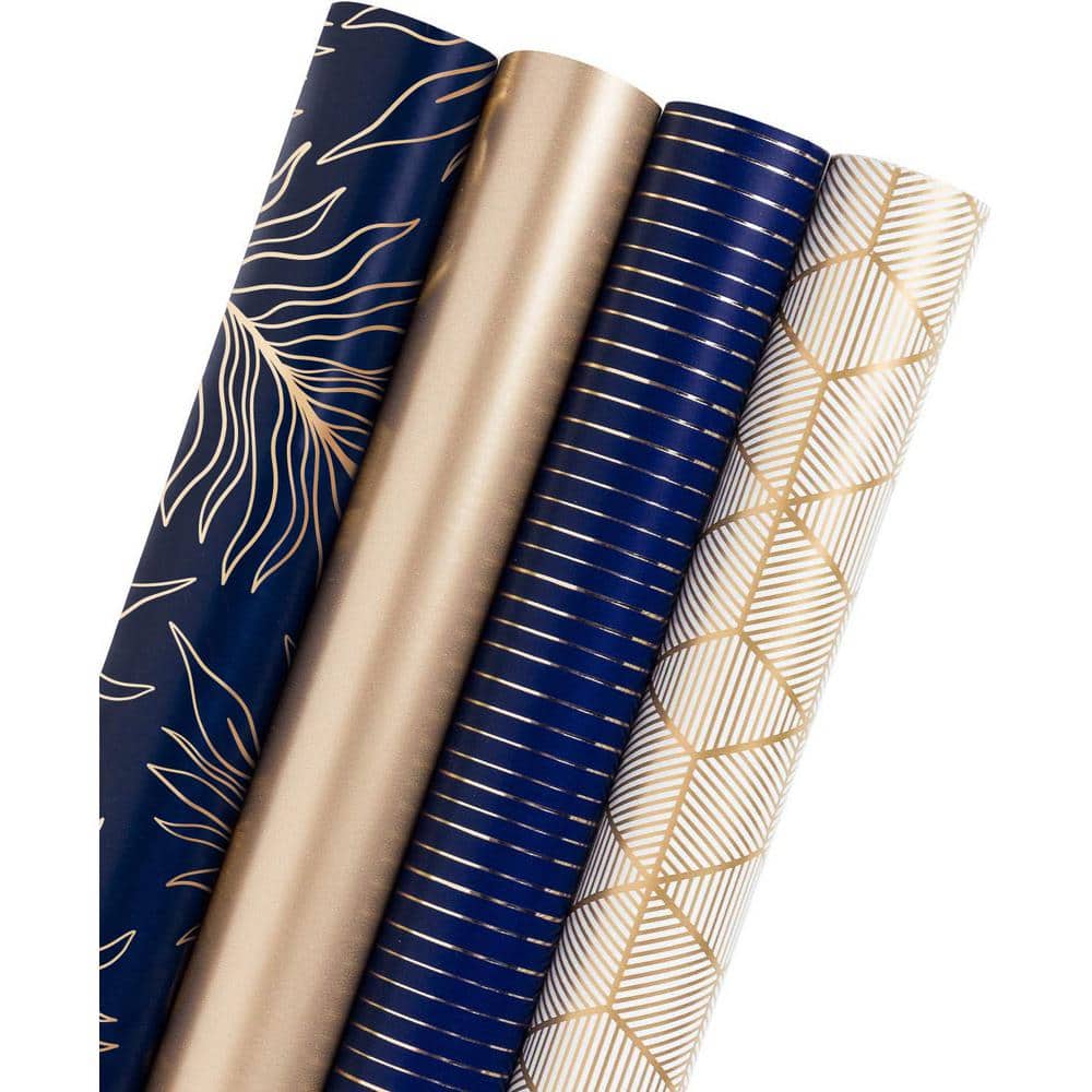 4 Roll 30 x 120 in. Wrapping Paper Roll, Gold and Navy Print with Cut Li