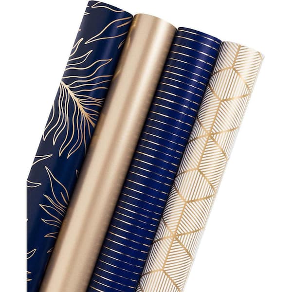 Angel Sar 4 Roll 30" x 120 in. Wrapping Paper Roll, Gold and Navy Print with Cut Line for Christmas Birthday Holiday Fathers Day