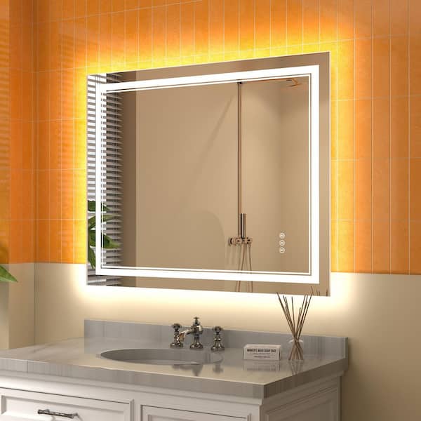 ExBrite Derrin 40 in. W x 32 in. H Medium Rectangular Frameless Dimmable Anti-Fog LED Wall Bathroom Vanity Mirror in Silver