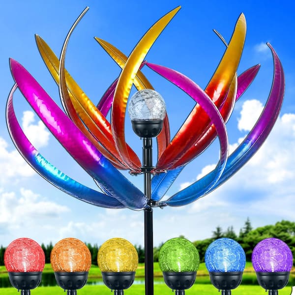 70 in. Wind Spinner with Solar Powered Multi-Color Glass Ball Light for Yard Garden Decorations