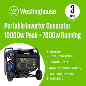 10,000-Watt Gas Powered Portable Inverter Generator with Remote Start, Low THD and 50 Amp Outlet for Home Backup