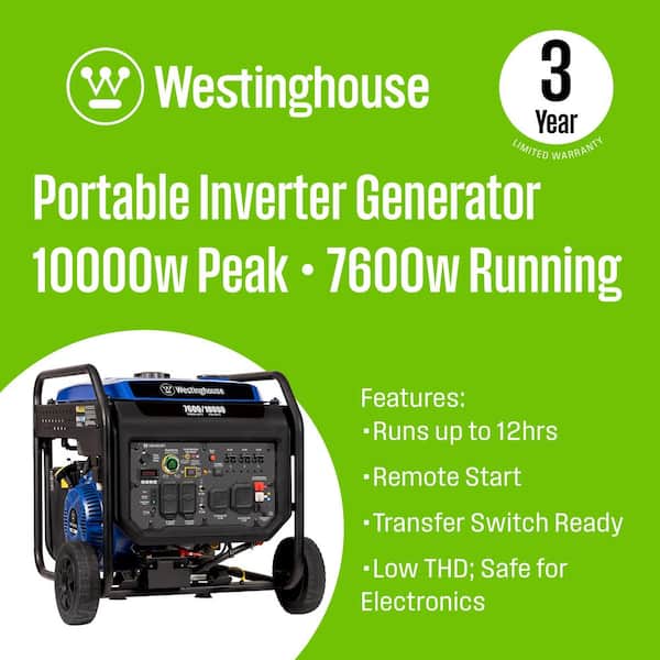 10,000-Watt Gas Powered Portable Inverter Generator with Remote Start, Low THD and 50 Amp Outlet for Home Backup