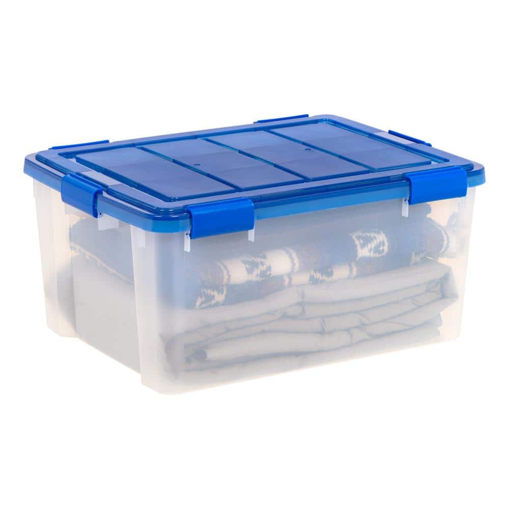 Clear 60 Quart Stackable Plastic Storage Box with Blue Lid