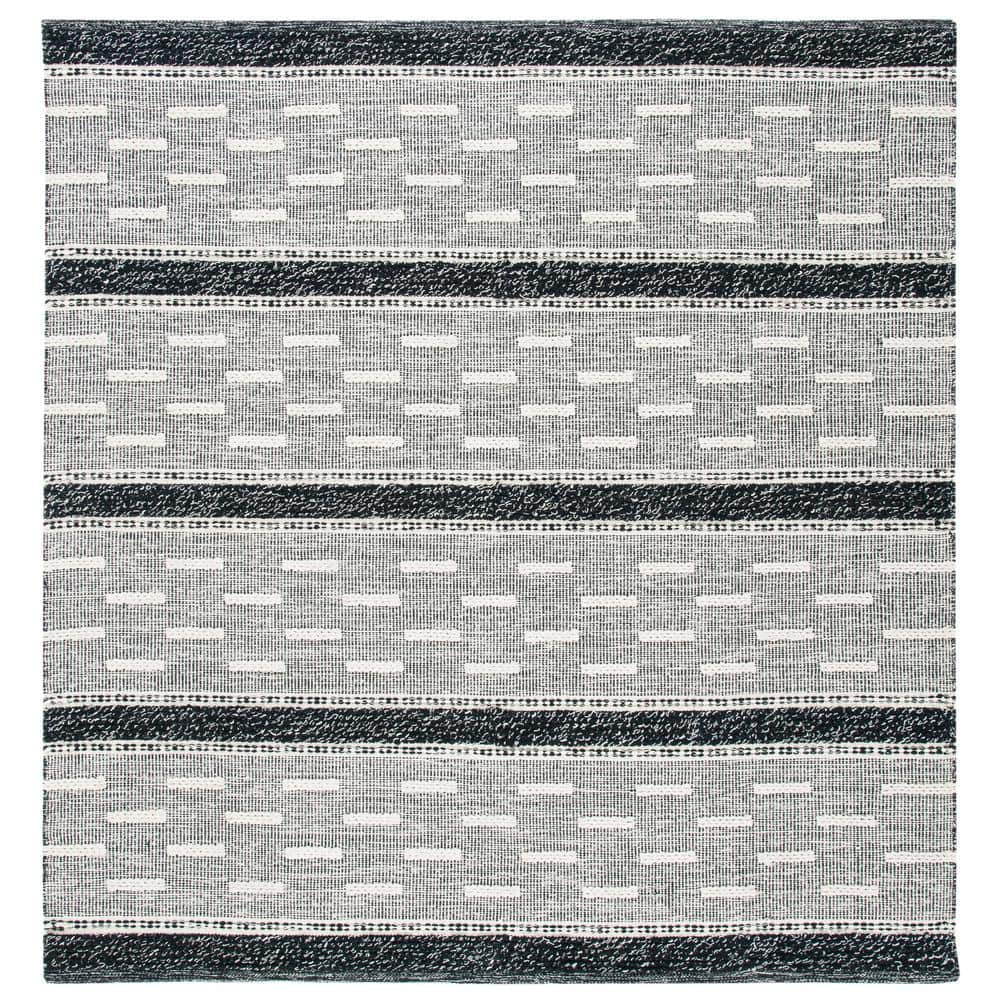 Black and Ivory Striped Kilim Handwoven Wool Cotton Area Rug