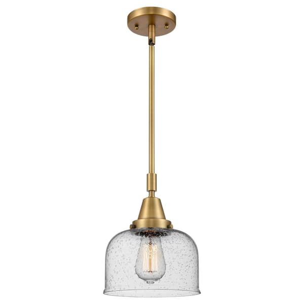 Innovations Bell 100-Watt 1-Light Brushed Brass Standard Mini Pendant Light with Seeded Glass Shade, No Bulbs Included