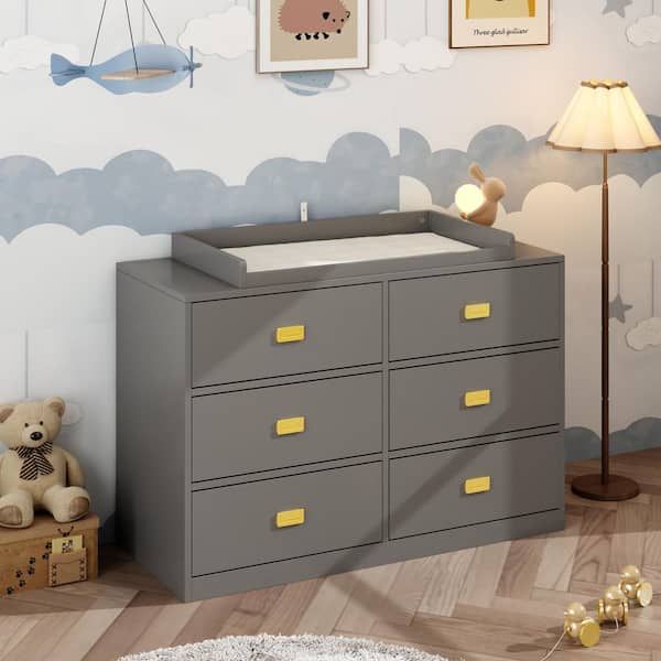 Gray 6-Drawer Changing Table with Safety Topper and Gold Pulls for Nursery Storage